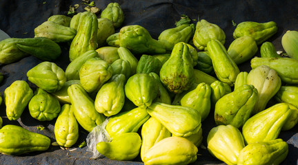 Pile of chayote on top of blue tarpaulin photo taken in Bogor traditional market