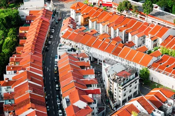 Zelfklevend Fotobehang Top view of tile roofs of old townhouses in Singapore © efired
