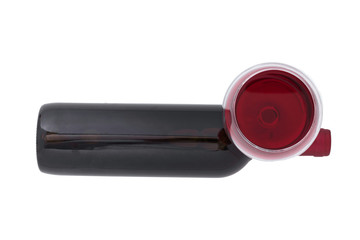 Red Wine bottle and glass on white background. Top view.