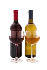 Red and white Wine bottle and glasses on white background
