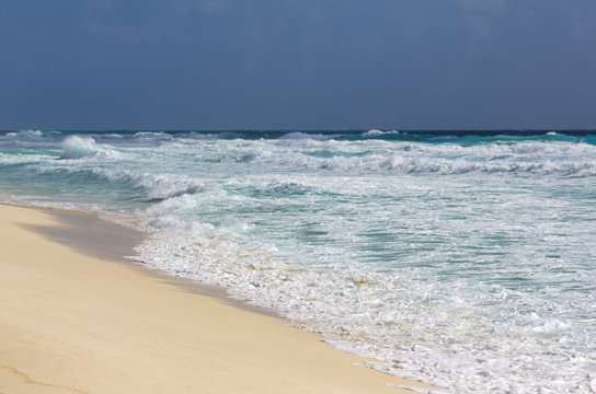 Beautiful view on the beach. The shore of the Caribbean sea. Vacation concept image.