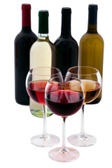 Red and white Wine bottle and glasses on white background