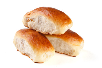 three homemade pies with cabbage isolated on white background