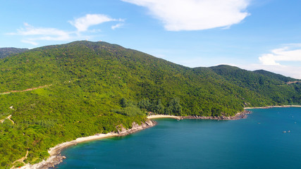 View of the island from the ocean from a bird's flight