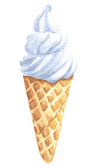 Watercolor icecream in cone, hand drawn delicious food illustration, isolated on white background