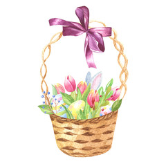 Hand drawn watercolor Ester basket with eggs, flowers, leaves and hidden bunny, holiday symbols on white background.