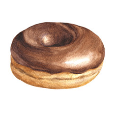 Watercolor chocolate donut, hand drawn delicious food illustration, yummy sketch  isolated on white background.