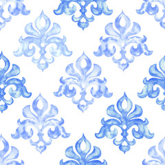 Hand drawn watercolor ornament, blue seamless pattern, vintage repeating background.
