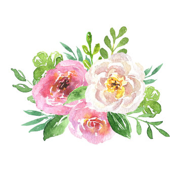 Beautiful floral hand drawn watercolor bouquet, bunch of flowers arrangement, with pink roses, white and purple flowers, isolated on white background. Can be used for botanical or wedding design.