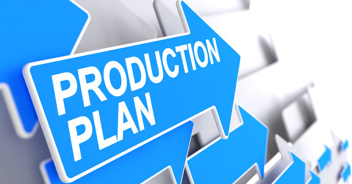 Production Plan - Blue Cursor with a Text Indicates the Direction of Movement. Production Plan, Inscription on the Blue Arrow. 3D Render.