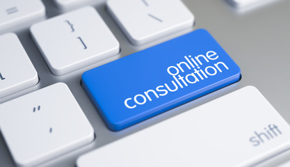 Business Concept with Blue Enter Button on the Modern Computer Keyboard: Online Consultation. Laptop Keyboard Key Showing the Text Online Consultation. Message on Blue Keyboard Button. 3D Render.