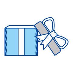 blue contour of opened gift box with decorative ribbon and topknot vector illustration