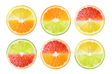 Citrus fruit. Collage of orange, lemon, lime, grapefruit. Mix slices isolated on white.
