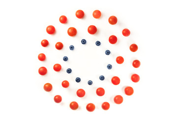 Culinary still life in colors of American flag, on white