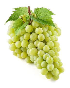 Green grape. Bunch of fresh berries with leaves isolated on white. With clipping path. Full depth of field.
