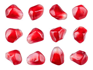Pomegranate. Fresh raw seeds of fruit isolated on white background. Collection. Macro. With clipping path. Full depth of field.