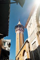 Minaret and the mosque Hammouda Pacha n the Medina of the city of Tunis, in Tunisia, Africa