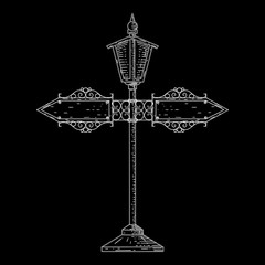 Vintage lamp post. Hand drawn sketch on black background