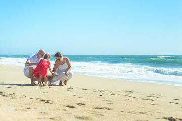 Fototapeta na wymiar Family with child and dog on the beach