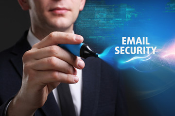 Business, Technology, Internet and network concept. Young businessman working on a virtual screen of the future and sees the inscription: Email security