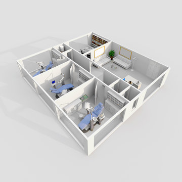 3d interior rendering of furnished dental clinic