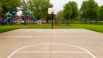 open basketball court on a foggy morning