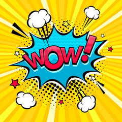 Comic speech bubble with expression text Wow!, stars and clouds. Vector bright dynamic cartoon illustration in retro pop art style on halftone background.