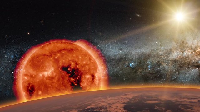 Old Sun over the dark planet Earth. A new star is born in the universe. A comet runs in the space. Elements of this image furnished by NASA