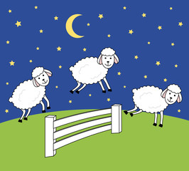 Awake at night. Counting sheep. Insomnia illustration. 