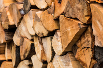 Chopped wood stacked in rows