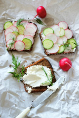 Healthy vegetarian sandwiches with radish and cucumber slice