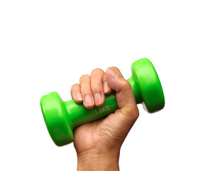 Male hand holding green dumbbell isolated on white background
