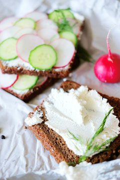 Healthy vegetarian sandwiches with radish and cucumber slice