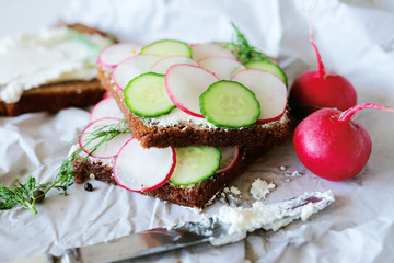 Healthy vegetarian sandwiches with radish and cucumber slice