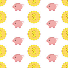 Golden coins with dollar sign seamless pattern. Pink piggy bank seamless pattern