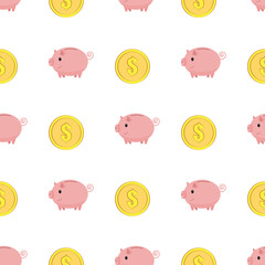 Golden coins with dollar sign seamless pattern. Pink piggy bank seamless pattern