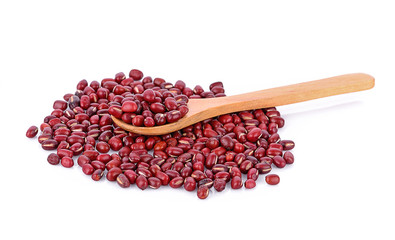 azuki beans , red beans on wooden spoon whitebackground