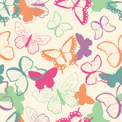 Fototapeta na wymiar Seamless vector pattern with hand drawn colorful butterflies, silhouette vibrant