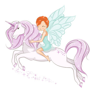 The beautiful little fairy. The little fairy sitting on the magical unicorn. She has red hair. She is in a gentle, air dress.  Hand drawn illustration isolated on white background.