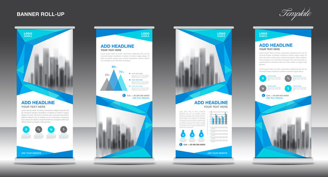 Roll up banner stand template design, Blue banner layout, advertisement, pull up, polygon background