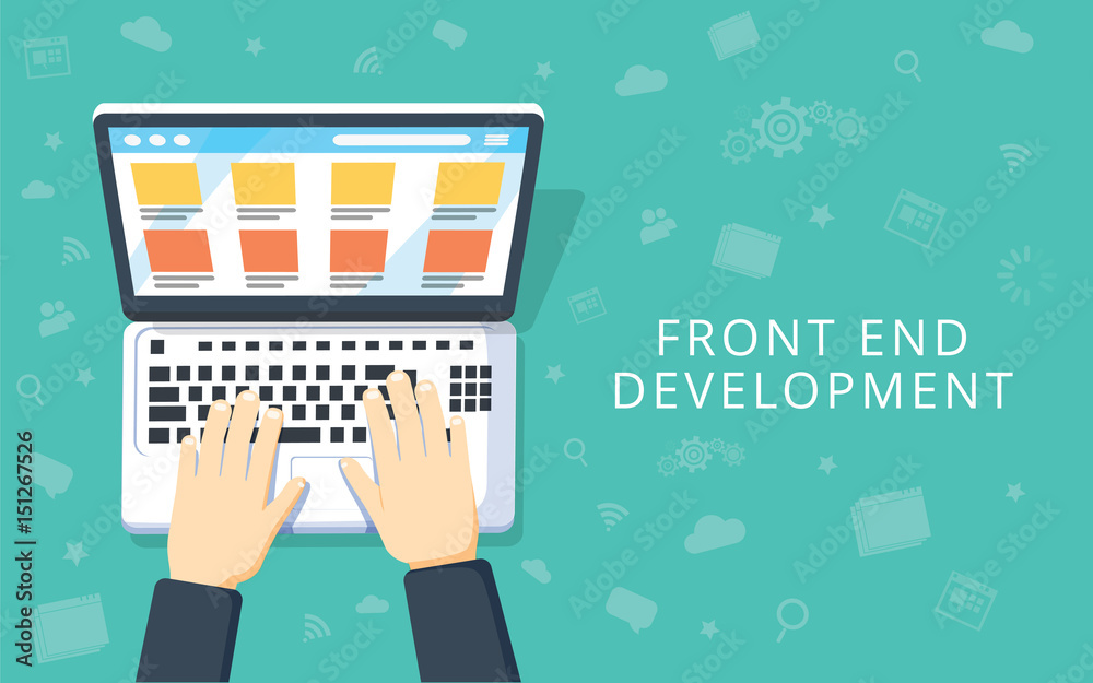 Fototapete Front End Development, web application, website creating concept. Developer working at a laptop. Flat style and doodle icons in background, top view.