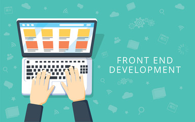 Front End Development, web application, website creating concept. Developer working at a laptop. Flat style and doodle icons in background, top view.