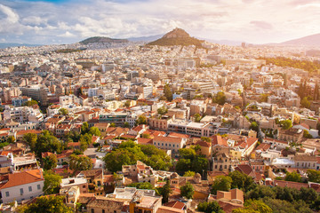 The view out over the city of Athens in the sunlight