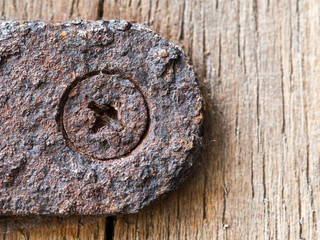 nut and rusted iron stuck on wood.