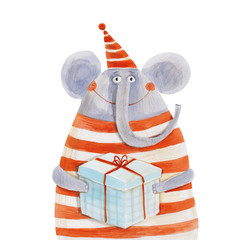 Elephant in festive cap with gift box. Watercolor illustration. Hand drawing - 151269506