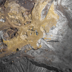 Aerial view over the building materials processing factory. Sand mine. View from above.