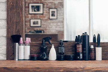 workplace of the hairdresser. the mirror in the barbershop with consumables - 151269918