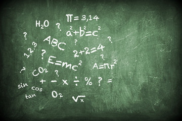 Various hand writing formulas with chalk on blackboard