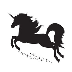 Silhouette of magical unicorn.  Hand drawn, isolated on white background. 