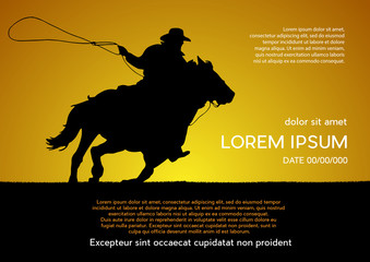 Rodeo competition tournament, sunset background. Vector poster cowboy and lasso on the horse